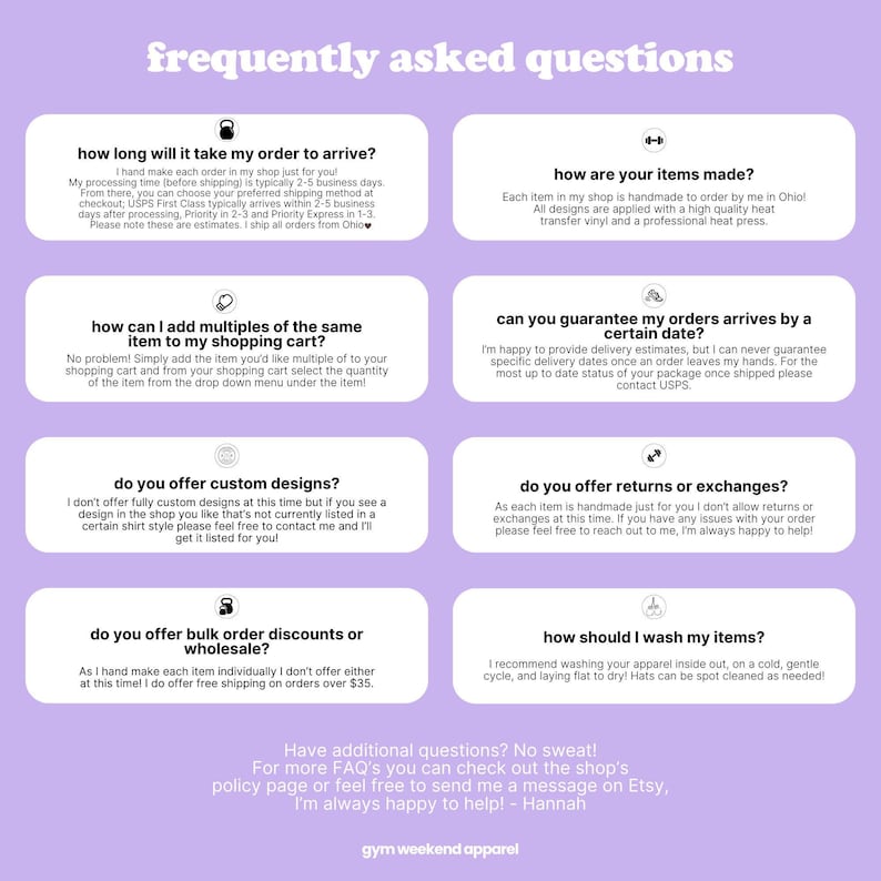 a collection of frequently asked questions about shopping and online purchases, including inquiries about shipping times, custom designs, returns, and washing instructions.