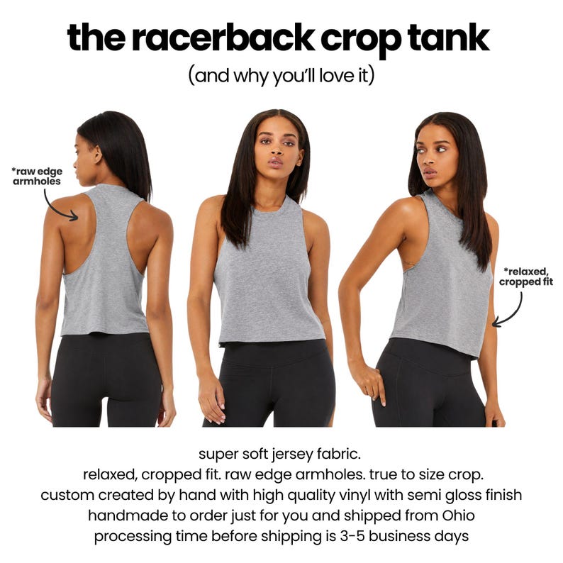 The image is a collage of three photos featuring a woman wearing a grey crop tank. The caption provides information about the crop tank, including its design, fabric, and size.