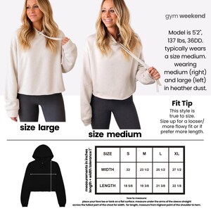 The image is a collage of two photos of a woman wearing a white hoodie, with text providing size recommendations for different styles of hoodies.