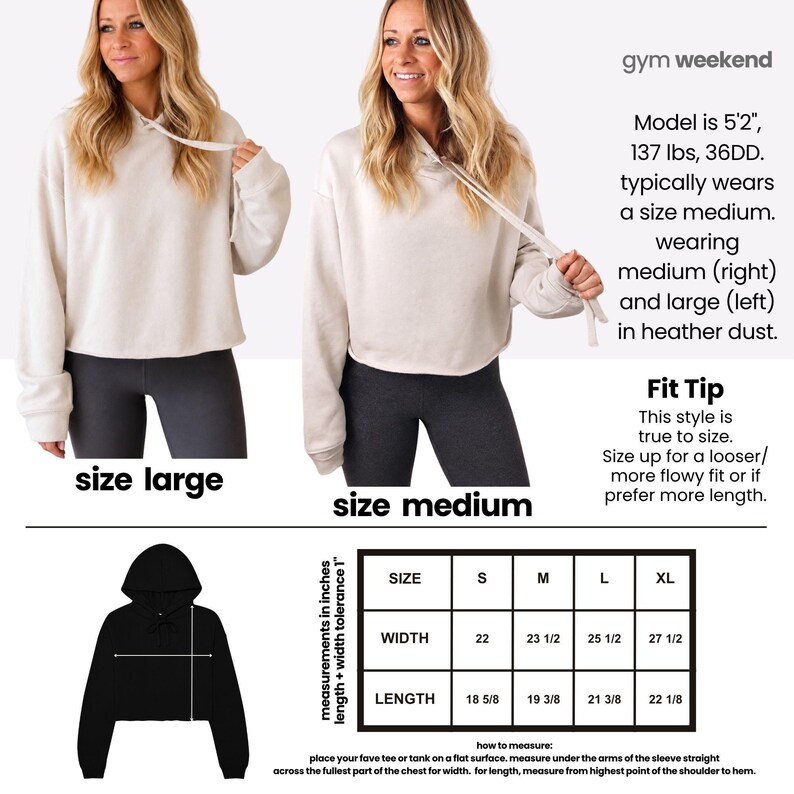 The image is a collage of two photos of a woman wearing a white hoodie, with text providing size recommendations for different styles of hoodies.