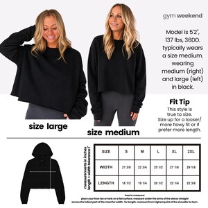 The image is a collage of two photos of a woman wearing a black hoodie, with text providing information about the size and fit of the hoodie.