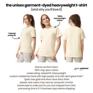 The image is a collage of three photos of a woman wearing a white t-shirt. The text above the images provides information about the t-shirt, including its weight, fabric, and design.