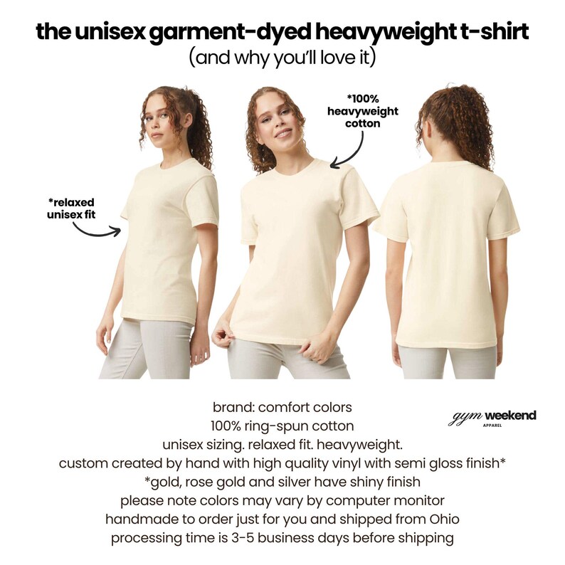 The image is a collage of three photos of a woman wearing a white t-shirt. The text above the images provides information about the t-shirt, including its weight, fabric, and design.