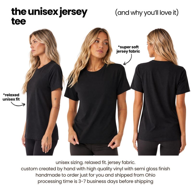 The image is a collage of three photos of a woman wearing a black unisex t-shirt. The first photo shows the woman from the front, the second photo shows her from the side, and the third photo shows her from the back. The text above the images provides information about the features of the t-shirt, including its relaxed fit, soft jersey fabric, and custom-made design.