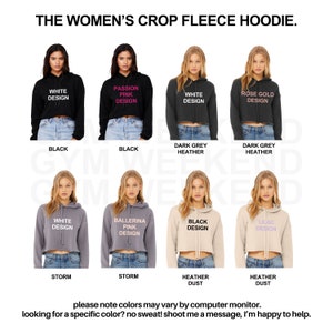 a group of women wearing crop tops with the words women's crop fleece