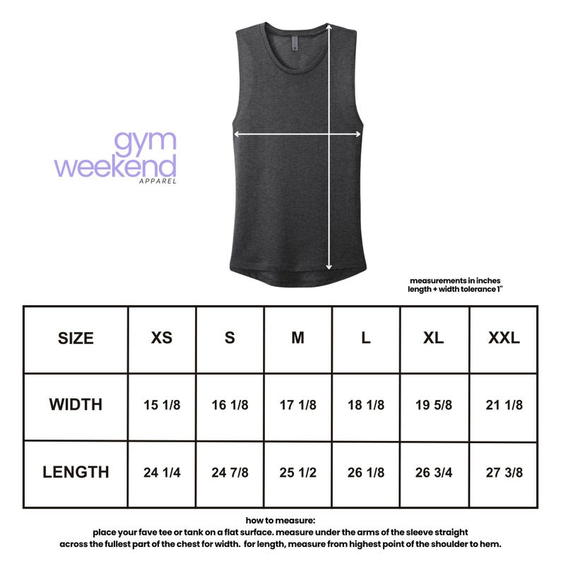 The image is a size chart for a gym weekend apparel, providing measurements in inches for different sizes (XS, S, M, L, XL, and XXL). The chart includes a table with width measurements ranging from 15 to 27 inches and a corresponding length ranging from 24 to 36 inches. The chart also provides instructions on how to measure the waist and chest for accurate size determination.