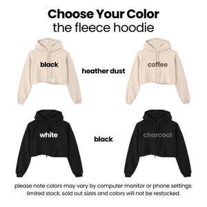 a selection of hoodie colors, including black, white, charcoal, and Heather dust, along with instructions for choosing a color.