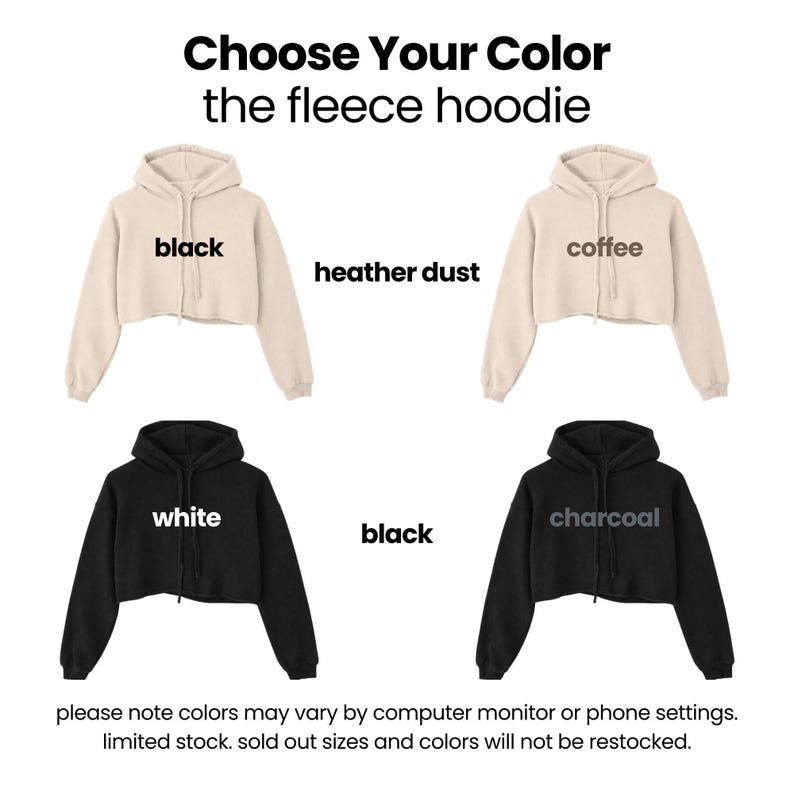 a selection of hoodie colors, including black, white, charcoal, and Heather dust, along with instructions for choosing a color.