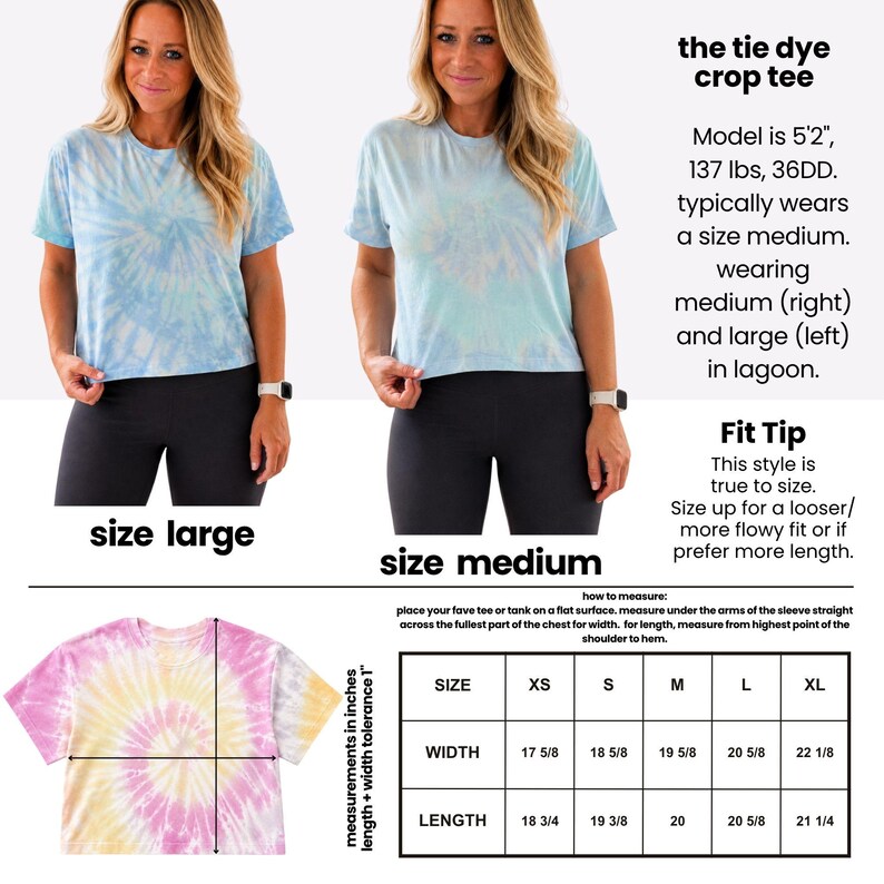 The image is a collage of two photos of a woman wearing a tie-dye crop top, along with a size chart and a fit tip for the tie-dye crop top.