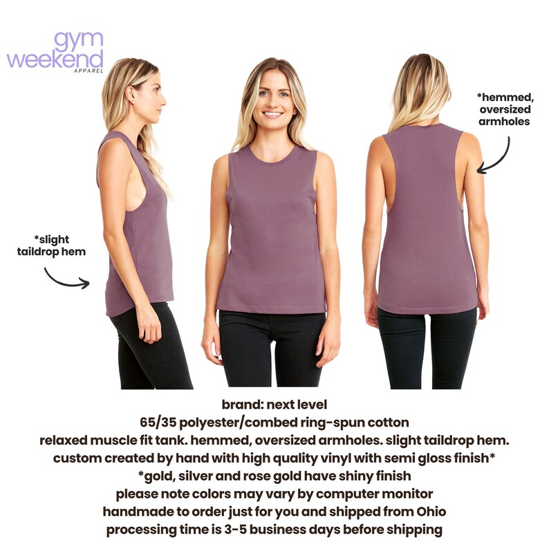 The image is a collage of three photos of a woman wearing a purple sleeveless top. The first photo shows her from the front, the second photo shows her from the side, and the third photo shows her from the back. The text provides information about the top, including its material, design, and color.