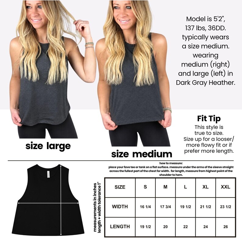 The image is a collage of two photos of a woman wearing a gray tank top, with a size comparison chart below the photos.