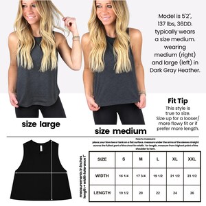 The image is a collage of two photos of a woman wearing a gray tank top, with a size comparison chart below the photos.