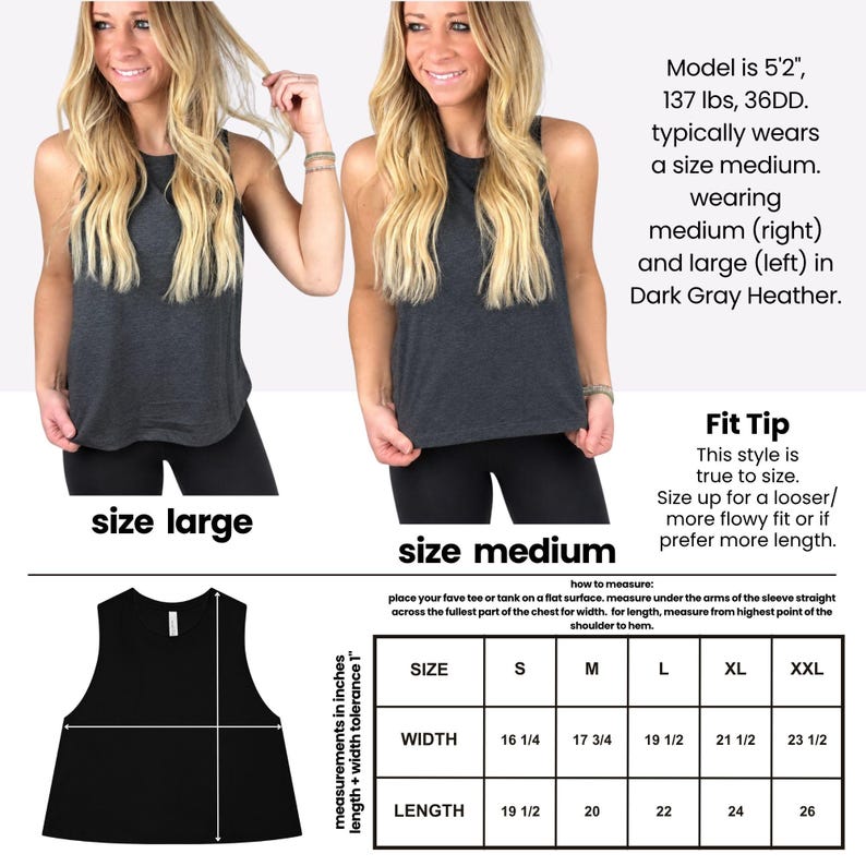 The image is a collage of two photos of a woman wearing a gray tank top, with a size comparison chart below the photos.