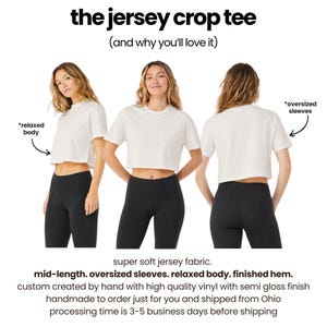 The image is a collage of three photos of a woman wearing a white crop top, with text describing the features of the crop top.