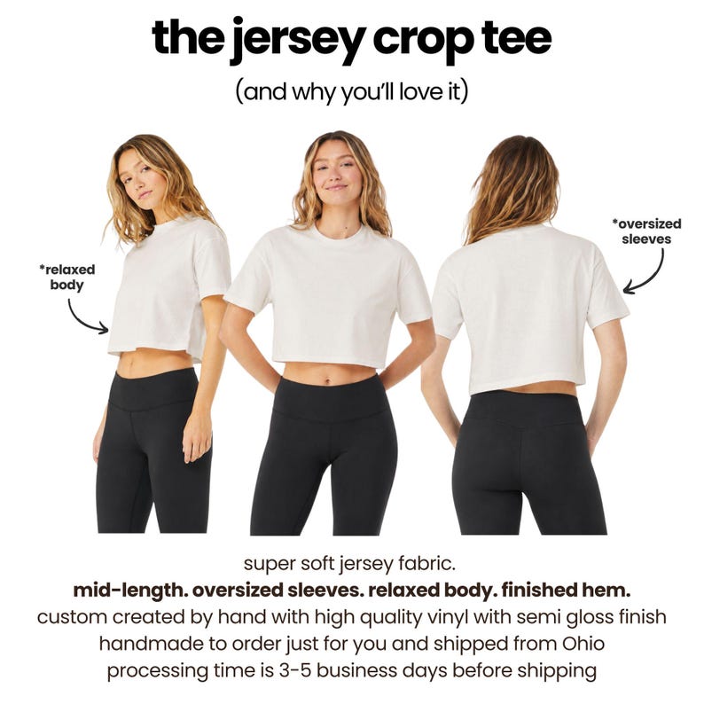 The image is a collage of three photos of a woman wearing a white crop top, with text describing the features of the crop top.
