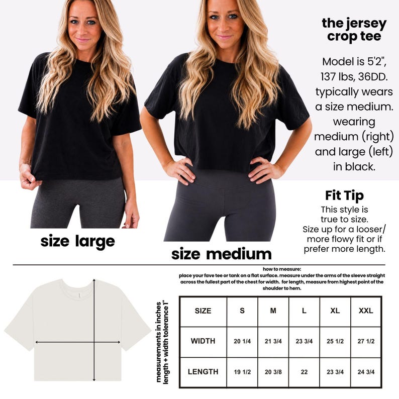 The image is a collage of two photos of a woman wearing a black crop top, with text providing information about the size and fit of the crop top.