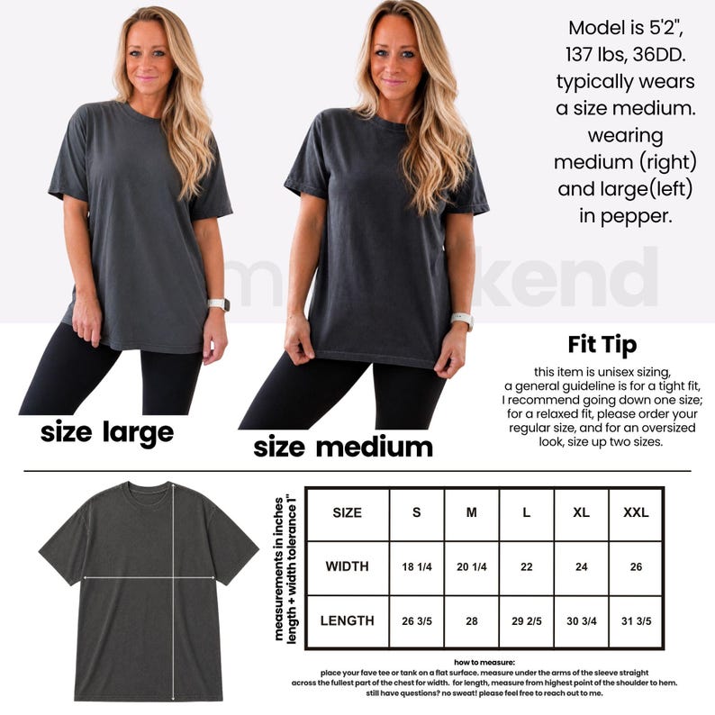 The image is a collage of three photos featuring a woman wearing a black t-shirt. The collage includes a size comparison between a large and medium t-shirt, along with a fit tip that provides guidelines for choosing the right size based on the model's bust, waist, hips, and shoulders measurements.