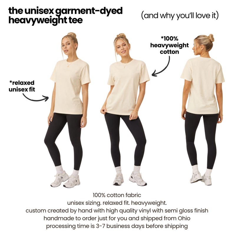 The image is a collage of three photos featuring a woman wearing a white unisex t-shirt. The text highlights the features of the t-shirt, including its relaxed fit, 100% cotton fabric, and custom-made size. The text also mentions that the t-shirt is handcrafted and shipped from Ohio, which is a factor that contributes to its appeal.