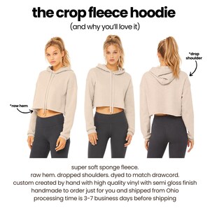 The image is a collage of three photos of a woman wearing a crop fleece hoodie. The first photo shows her from the front, the second photo shows her from the side, and the third photo shows her from behind. The caption below the images provides information about the hoodie, including its design, material, and production process.