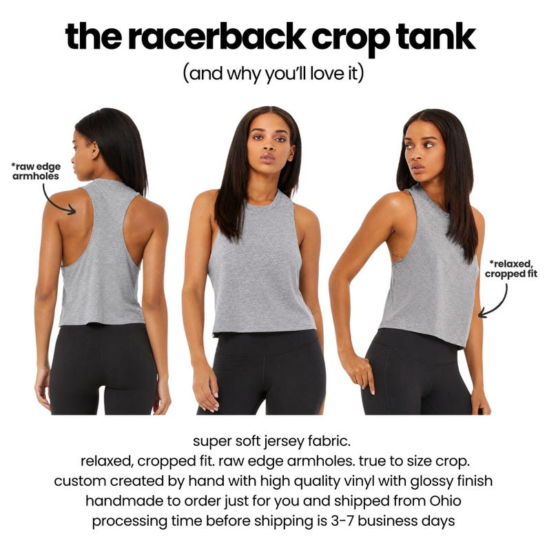 The image is a collage of three photos featuring a woman wearing a grey crop tank. The woman is shown from the back, front, and side, highlighting the tank's design and features. The caption provides information about the tank, including its relaxed, cropped fit, raw edge armholes, and the use of a soft jersey fabric.