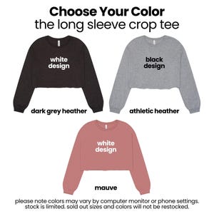a selection of long sleeve crop t-shirts in various colors, including white, black, dark grey heather, athletic heather, and marve.