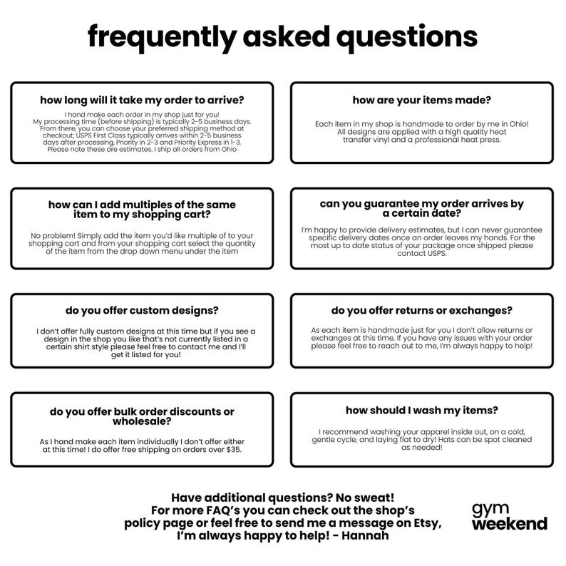 frequently asked questions about the process of ordering items, the quality of items, and additional services offered by a shop.