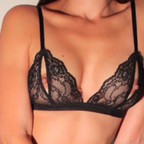 Black Bralette sheer soft lace, and crotchless string fun and sexy lingerie set bra + g-string erotic but elegant