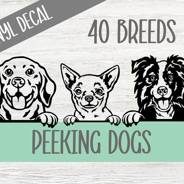 Peeking Dog Vinyl Decals/Stickers ((beagle, boxer, bulldog, collie, chihuahua, hound, husky, labrador, pitbull, pug, terrier, and more!!))