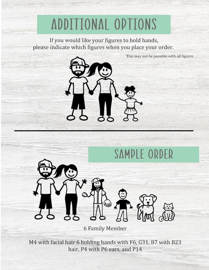 May include: A sample order for a family portrait with six members, including a dog and a cat. The text reads "6 Family Member M4 with facial hair 6 holding hands with F6, G31, B7 with B23 hair, P4 with P6 ears, and P14".