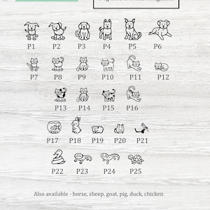 May include: A chart of 25 different pet icons, including dogs, cats, fish, rabbits, hamsters, birds, snakes, lizards, and turtles. The text "PETS" is at the top of the chart, and the text "Dog Ears are interchangeable" is at the top right. The text "Also available - horse, sheep, goat, pig, duck, chicken" is at the bottom of the chart.