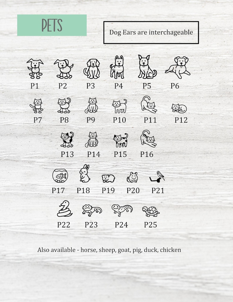 May include: A chart of 25 different pet icons, including dogs, cats, fish, rabbits, hamsters, birds, snakes, lizards, and turtles. The text "PETS" is at the top of the chart, and the text "Dog Ears are interchangeable" is at the top right. The text "Also available - horse, sheep, goat, pig, duck, chicken" is at the bottom of the chart.