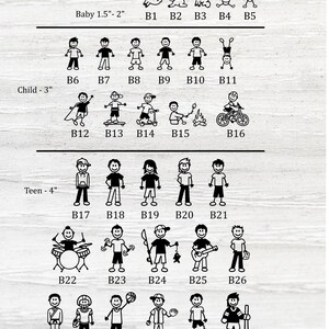 May include: Black and white stick figure illustrations of boys of different ages and activities. The illustrations are labeled with the text "Boys" and include measurements for each age group: Baby 1.5"-2", Child - 3", Teen - 4".