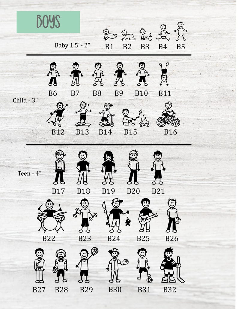 May include: Black and white stick figure illustrations of boys of different ages and activities. The illustrations are labeled with the text "Boys" and include measurements for each age group: Baby 1.5"-2", Child - 3", Teen - 4".
