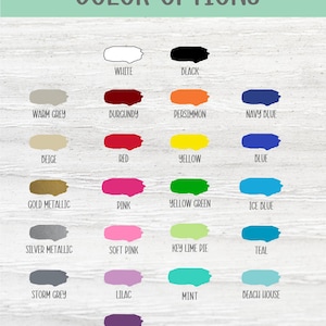 May include: Color chart with 20 different color swatches. The colors include white, black, warm grey, burgundy, persimmon, navy blue, beige, red, yellow, blue, gold metallic, pink, yellow green, ice blue, silver metallic, soft pink, key lime pie, teal, storm grey, lilac, mint, beach house, and violet.