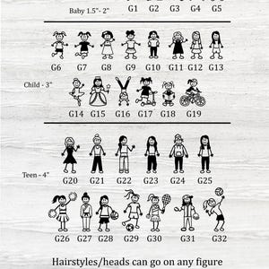 May include: A chart of stick figure girls with different hairstyles and activities. The chart includes different sizes of girls, from 1.5 inches to 4 inches tall. The chart is labeled "Girls" and includes the text "Hairstyles/heads can go on any figure" and "Most hairstyles can be light or dark".