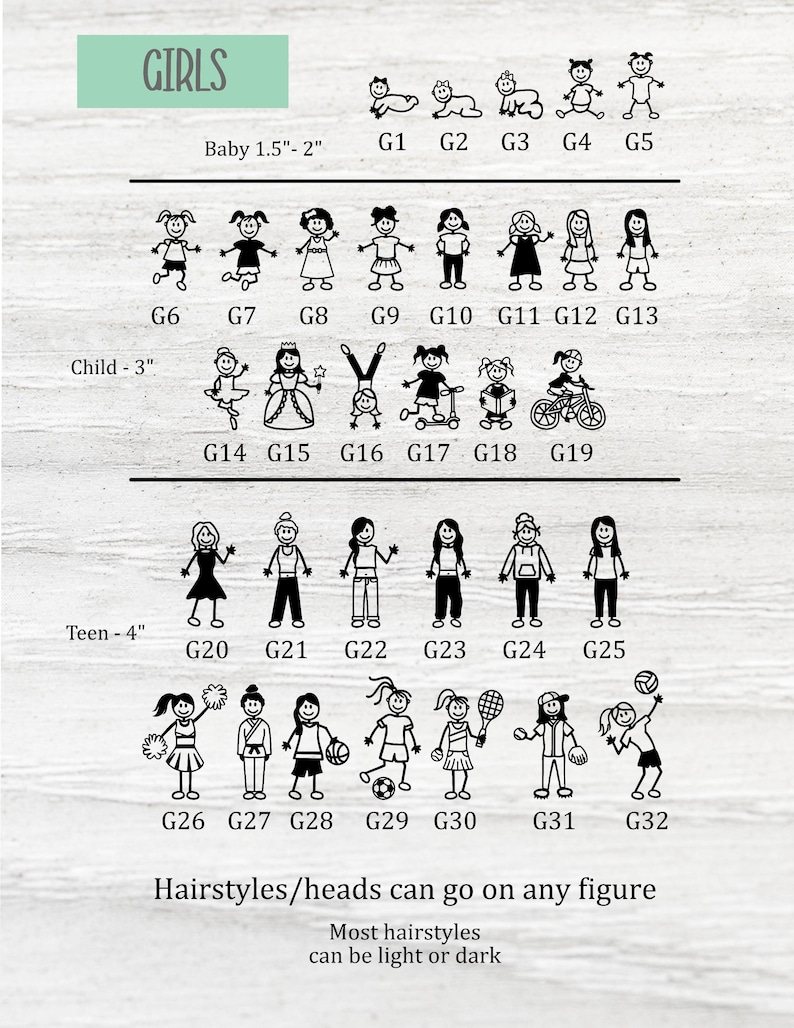May include: A chart of stick figure girls with different hairstyles and activities. The chart includes different sizes of girls, from 1.5 inches to 4 inches tall. The chart is labeled "Girls" and includes the text "Hairstyles/heads can go on any figure" and "Most hairstyles can be light or dark".
