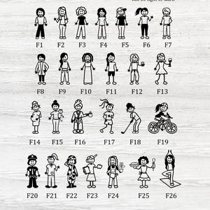 May include: A set of 26 black and white stick figure illustrations of adult females, 5 inches tall. Each figure has a different pose and hairstyle. The text "Adult Female 5" and "Most hairstyles can be light or dark" is at the top of the image. The text "Hairstyles/heads can go on any figure" is at the bottom of the image.