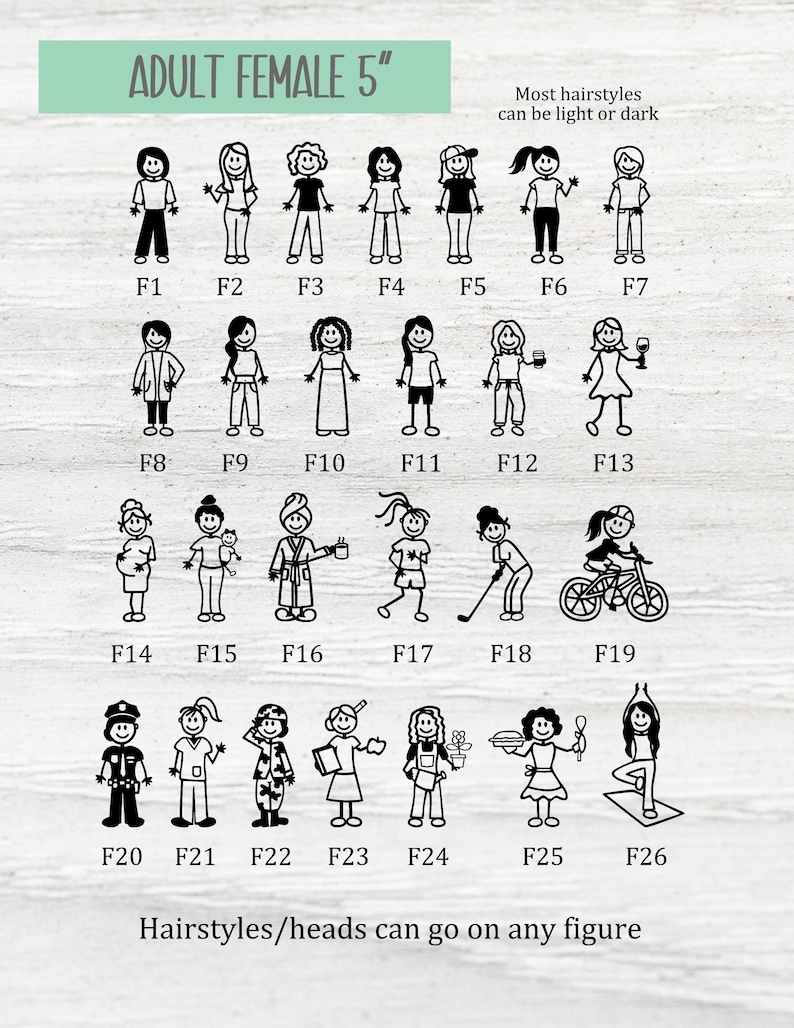 May include: A set of 26 black and white stick figure illustrations of adult females, 5 inches tall. Each figure has a different pose and hairstyle. The text "Adult Female 5" and "Most hairstyles can be light or dark" is at the top of the image. The text "Hairstyles/heads can go on any figure" is at the bottom of the image.