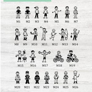 May include: A set of 26 black and white stick figure illustrations of adult males with different hairstyles and activities. The figures are 5 inches tall and labeled M1 through M26.