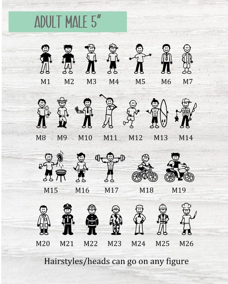 May include: A set of 26 black and white stick figure illustrations of adult males with different hairstyles and activities. The figures are 5 inches tall and labeled M1 through M26.