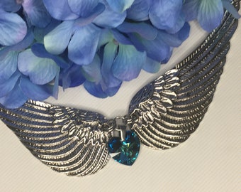 Blue Heart Choker, Bermuda Blue Swarovski Crystal Heart, Angel Wing Jewelry, Heart Wing Jewelry, Statement Bridal Memorial Jewelry