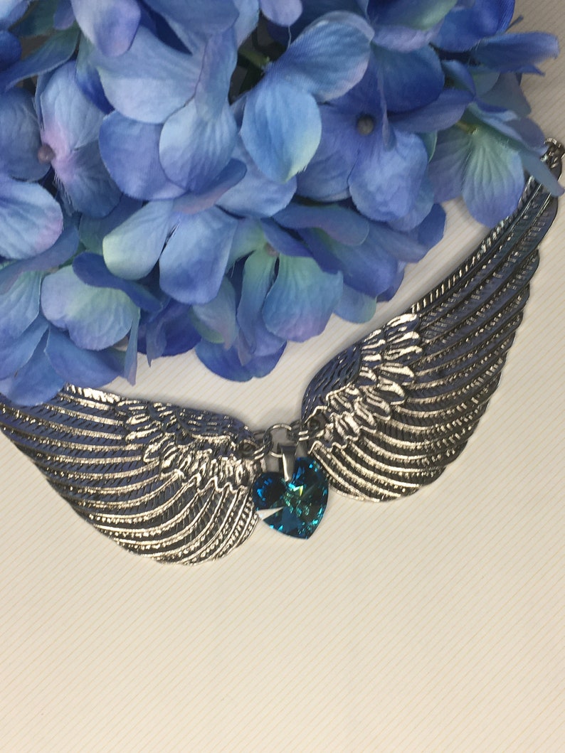 Blue Heart Choker, Bermuda Blue Swarovski Crystal Heart, Angel Wing Jewelry, Heart Wing Jewelry, Statement Bridal Memorial Jewelry image 1