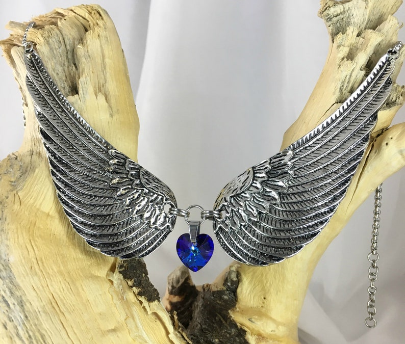 Blue Heart Choker, Bermuda Blue Swarovski Crystal Heart, Angel Wing Jewelry, Heart Wing Jewelry, Statement Bridal Memorial Jewelry image 5