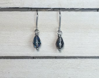 Dainty Blue Crystal Teardrop Earrings, Bermuda Blue Swarovski Crystal Bridal Memorial BFF Mother Jewelry