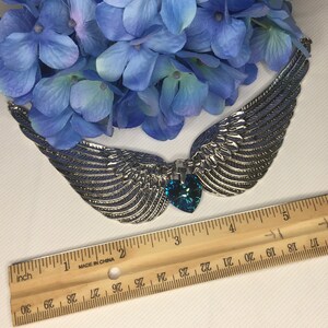 Blue Heart Choker, Bermuda Blue Swarovski Crystal Heart, Angel Wing Jewelry, Heart Wing Jewelry, Statement Bridal Memorial Jewelry image 2