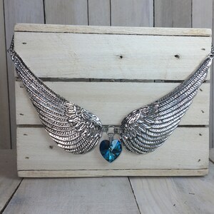 Blue Heart Choker, Bermuda Blue Swarovski Crystal Heart, Angel Wing Jewelry, Heart Wing Jewelry, Statement Bridal Memorial Jewelry image 3