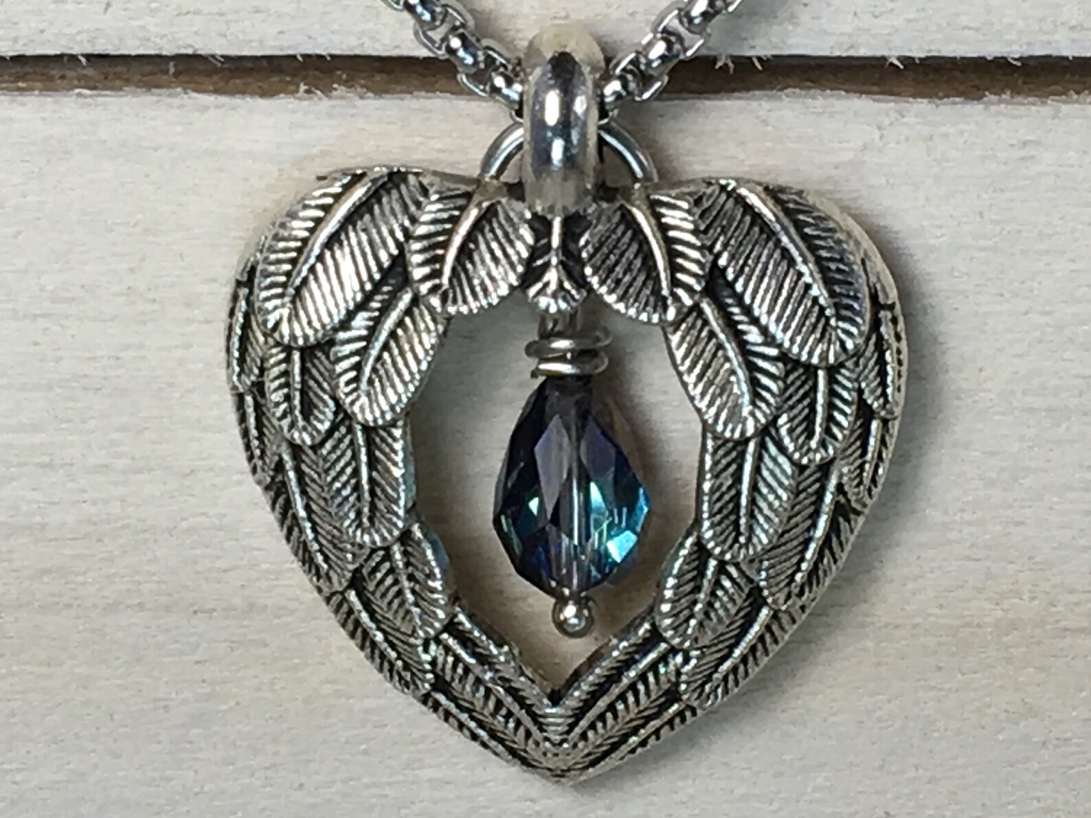 Hearts Beacon Necklace, Bermuda Blue Swarovski Crystal, Angel Wing