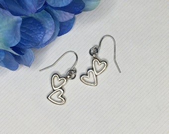 Minimalist Stacked Two Hearts Earrings, Two of Hearts Dainty Delicate Gifts for Her for Mom for Wife, Couples Gift