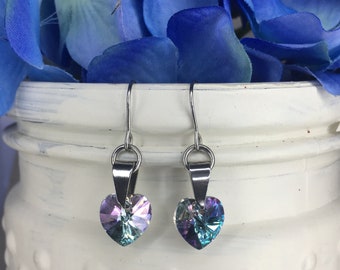 Lavender Light Blue to Rose Pink Heart Earrings, Light Vitriol Swarovski Crystal, Memorial Bridal Spring Jewelry, Delicate Stainless Steel