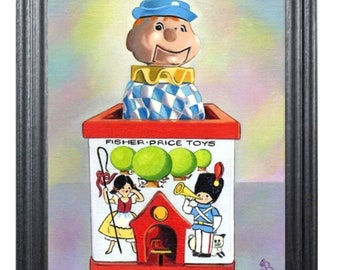 Vintage retro toys toy jack in a box clown Still life Original oil Painting on canvas panel 10 x 8 inches Print available